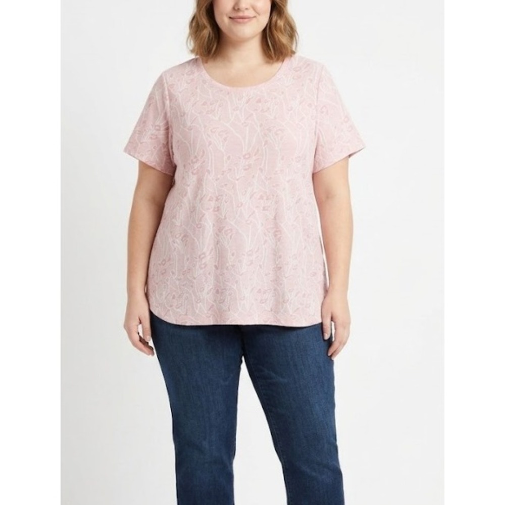 New Rose + Olive Floral Jacquard Blouse 2X Pink Short Sleeve Stretch Feminine